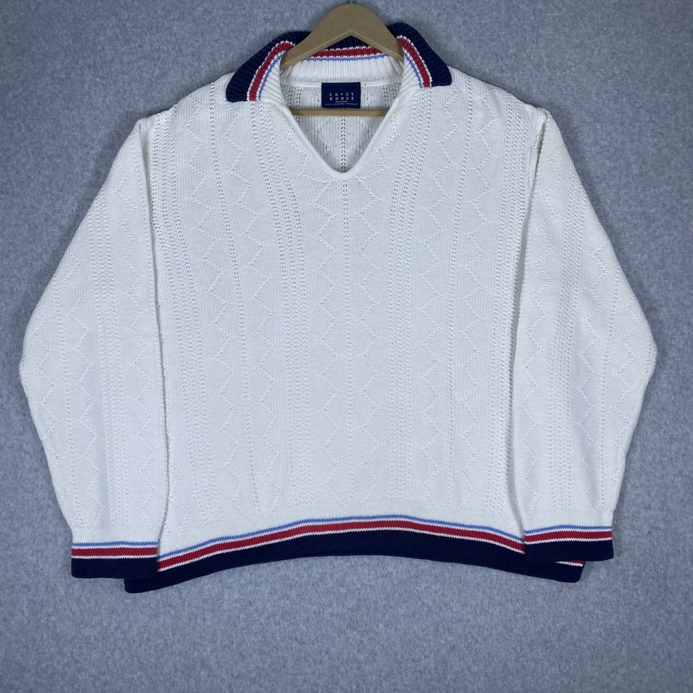 Crazy Horse Sweater Womens XL White Preppy V-Neck Striped Trim Knit Pullover